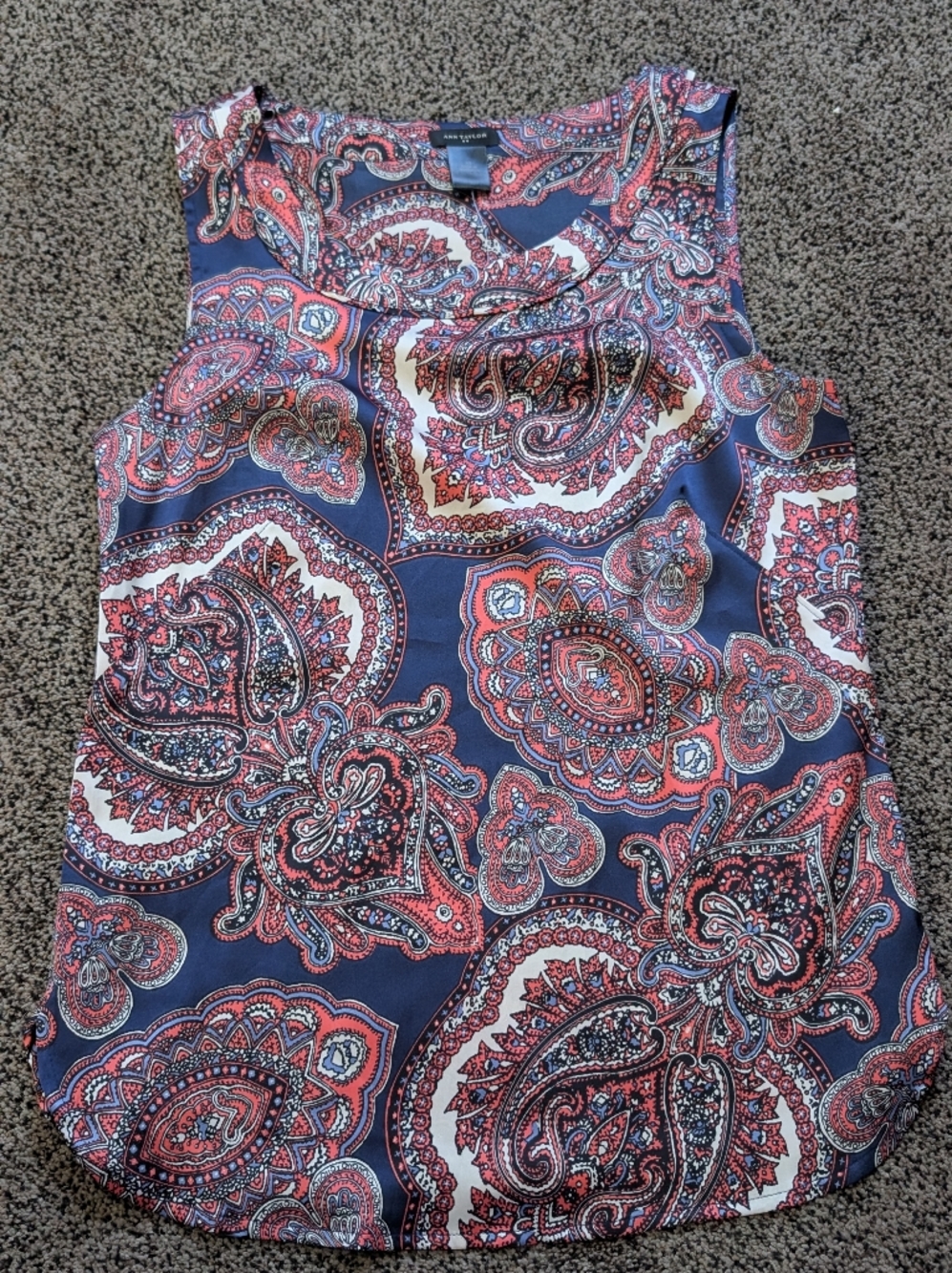 Ann Taylor Navy Blue Paisley Tank Top with Coral and White Accents
